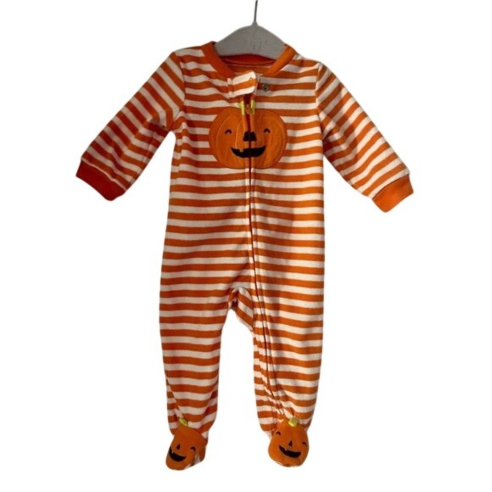 Pumpkin Halloween Costume Sleeper Footed Pajamas Orange Striped Jumpsuit Outfit